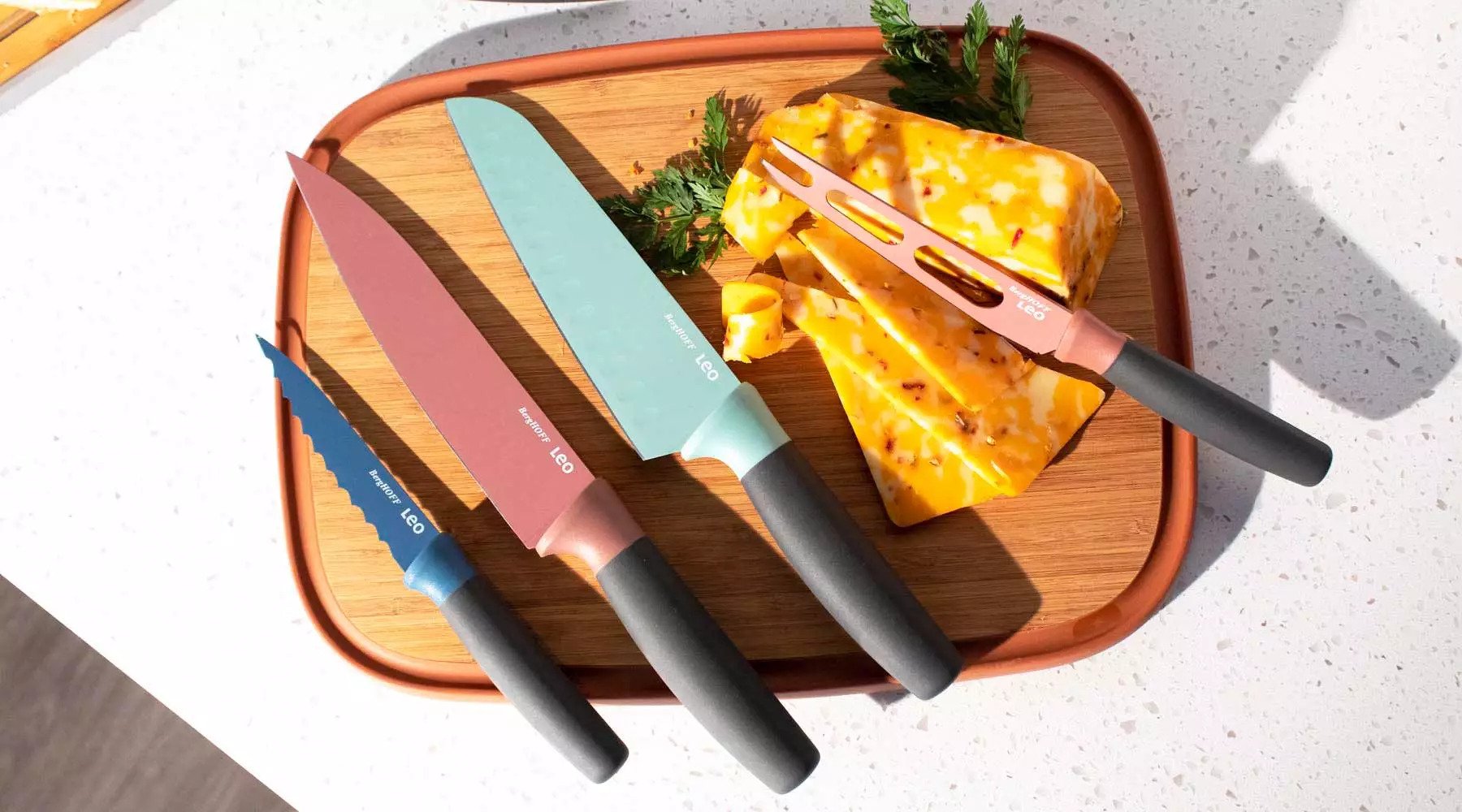 Leo Knives & Cutting Board Chef, Santoku, Vegetable, Cheese Knives, Comes in Blue, Mint, Pink Color